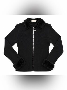 Cache Black Faux Fur Zip Up Sweater Jacket Y2K Glam Ribbed Size M